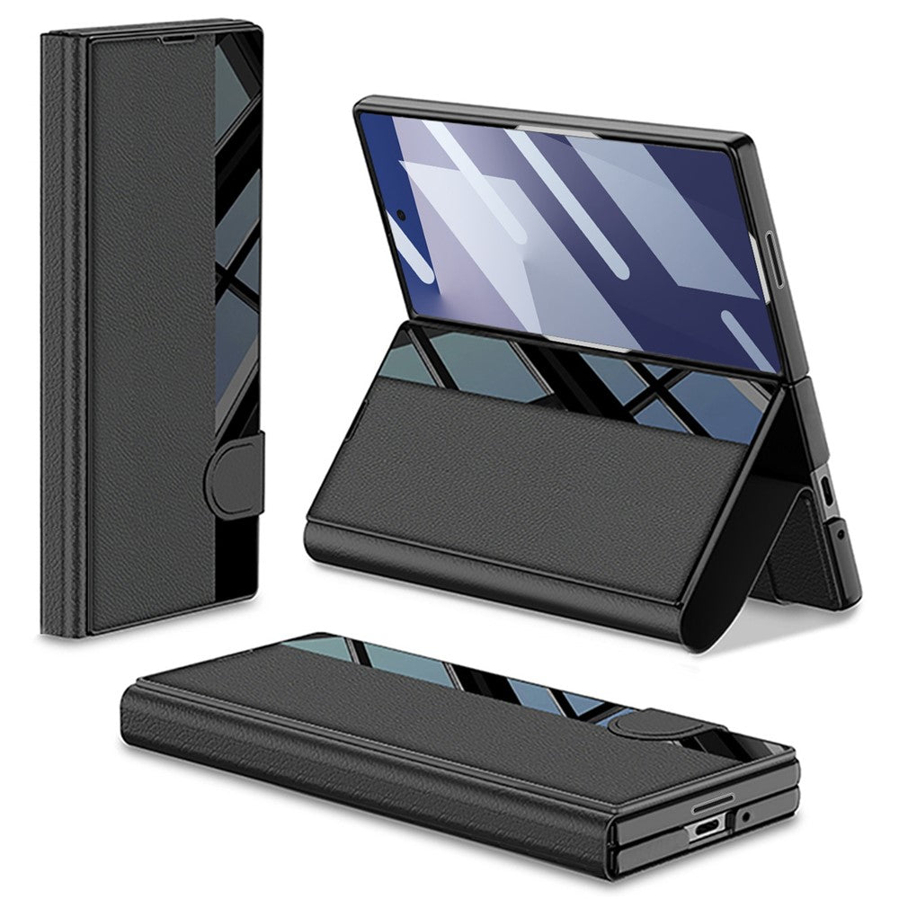 GKK For Samsung Galaxy Z Fold7 5G Stand Case PC + PU Leather Flip Phone Cover with Screen Film - Black