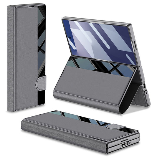 GKK For Samsung Galaxy Z Fold7 5G Stand Case PC + PU Leather Flip Phone Cover with Screen Film - Grey