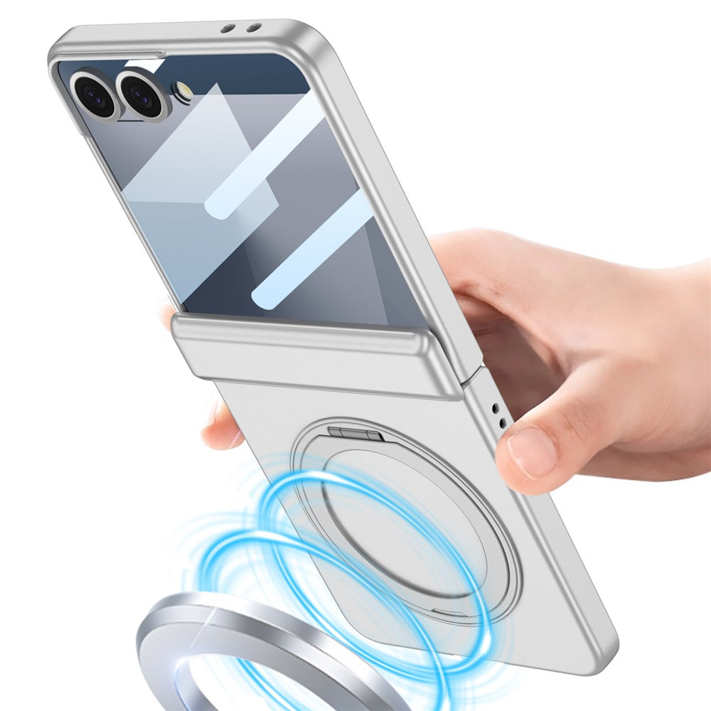 GKK For Samsung Galaxy Z Flip7 5G Case Kickstand Magnetic Hinge Protection PC Phone Cover with HD Rear Screen Protector - Silver