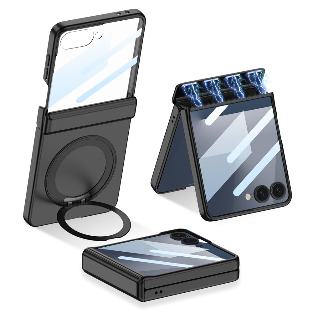 GKK For Samsung Galaxy Z Flip7 5G Case Kickstand Magnetic Hinge Protection PC Phone Cover with HD Rear Screen Protector - Black