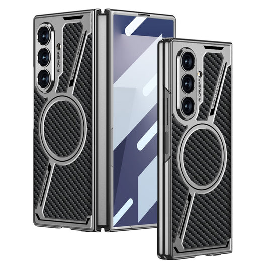 GKK For Samsung Galaxy Z Fold7 5G Magnetic Case PU Leather + PC Phone Cover with Front Screen Protector - Grey - Carbon Fiber Texture