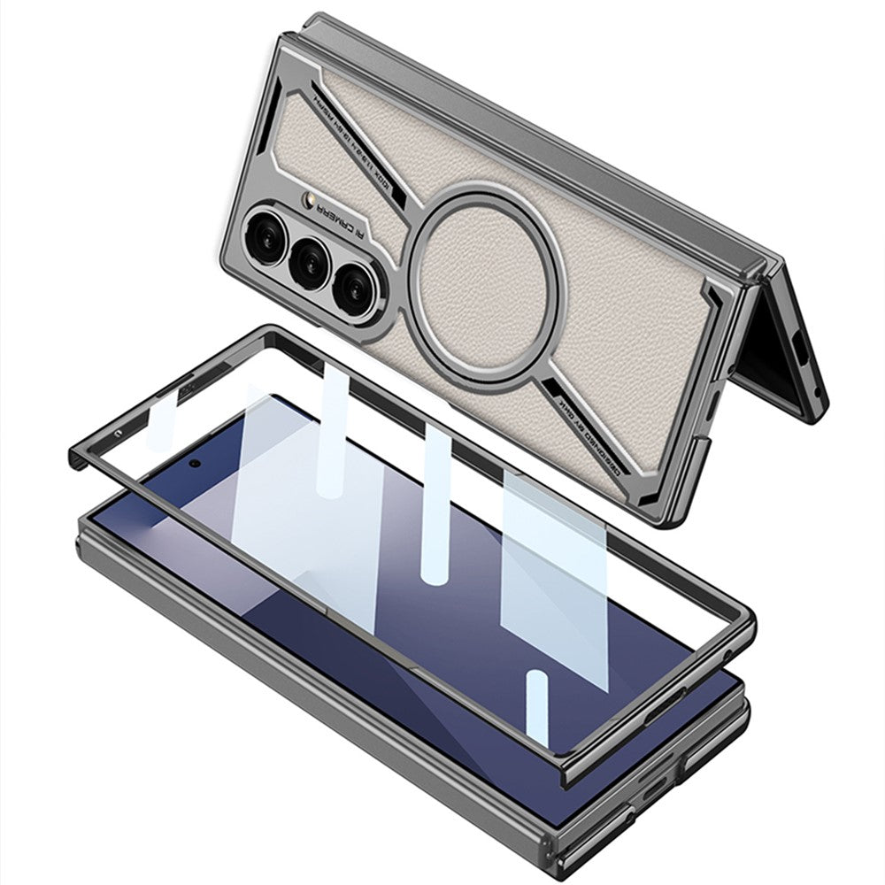 GKK For Samsung Galaxy Z Fold7 5G Magnetic Case PU Leather + PC Phone Cover with Front Screen Protector - Grey - Carbon Fiber Texture