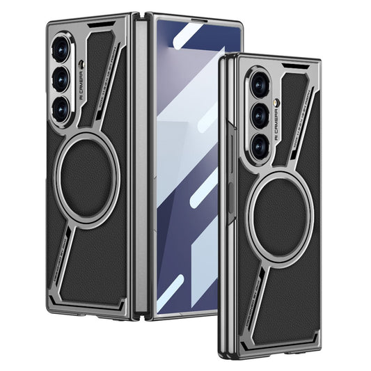 GKK For Samsung Galaxy Z Fold7 5G Magnetic Case PU Leather + PC Phone Cover with Front Screen Protector - Grey - Black