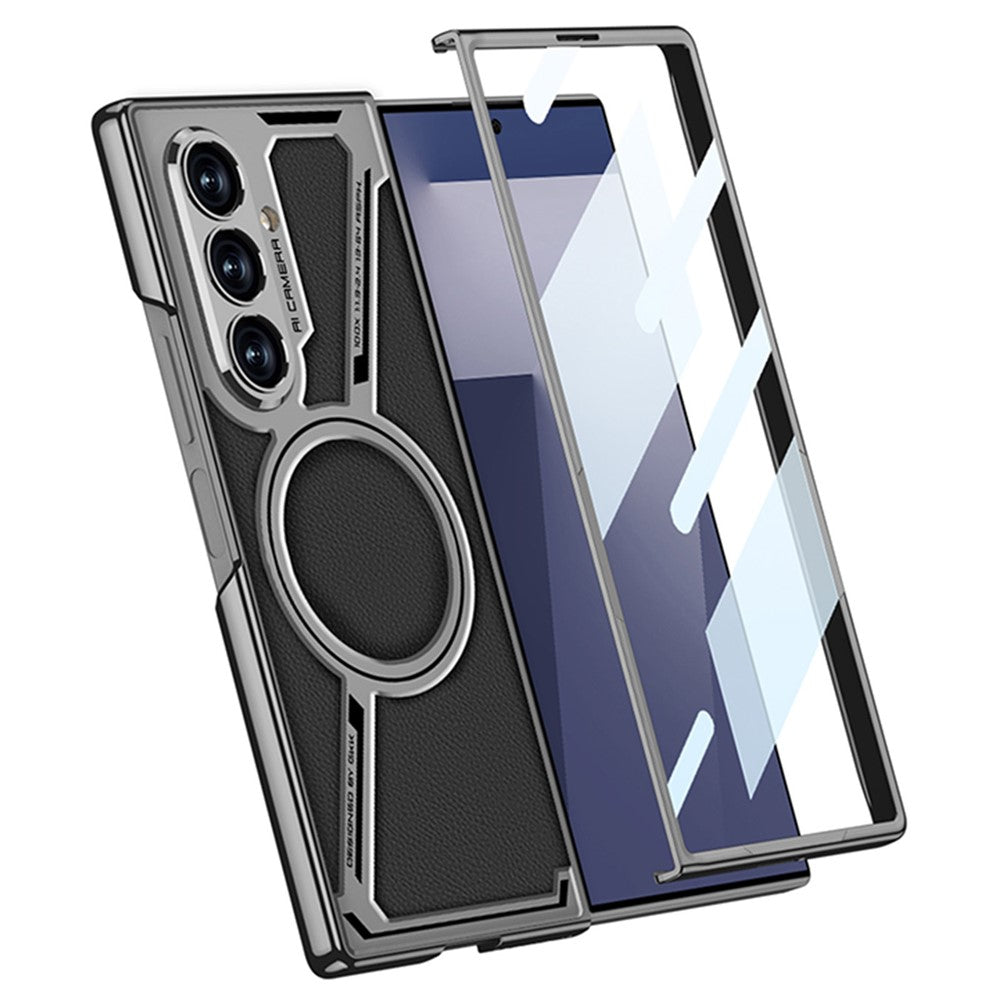 GKK For Samsung Galaxy Z Fold7 5G Magnetic Case PU Leather + PC Phone Cover with Front Screen Protector - Grey - Black