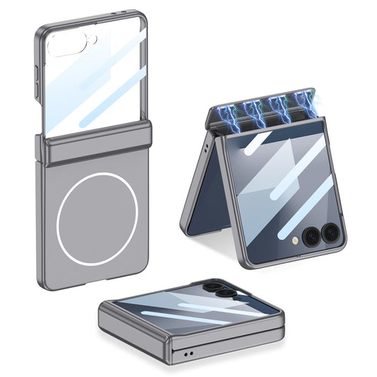 GKK For Samsung Galaxy Z Flip7 5G Magnetic Case Hinge Protection PC Phone Cover with HD Rear Screen Protector - Grey