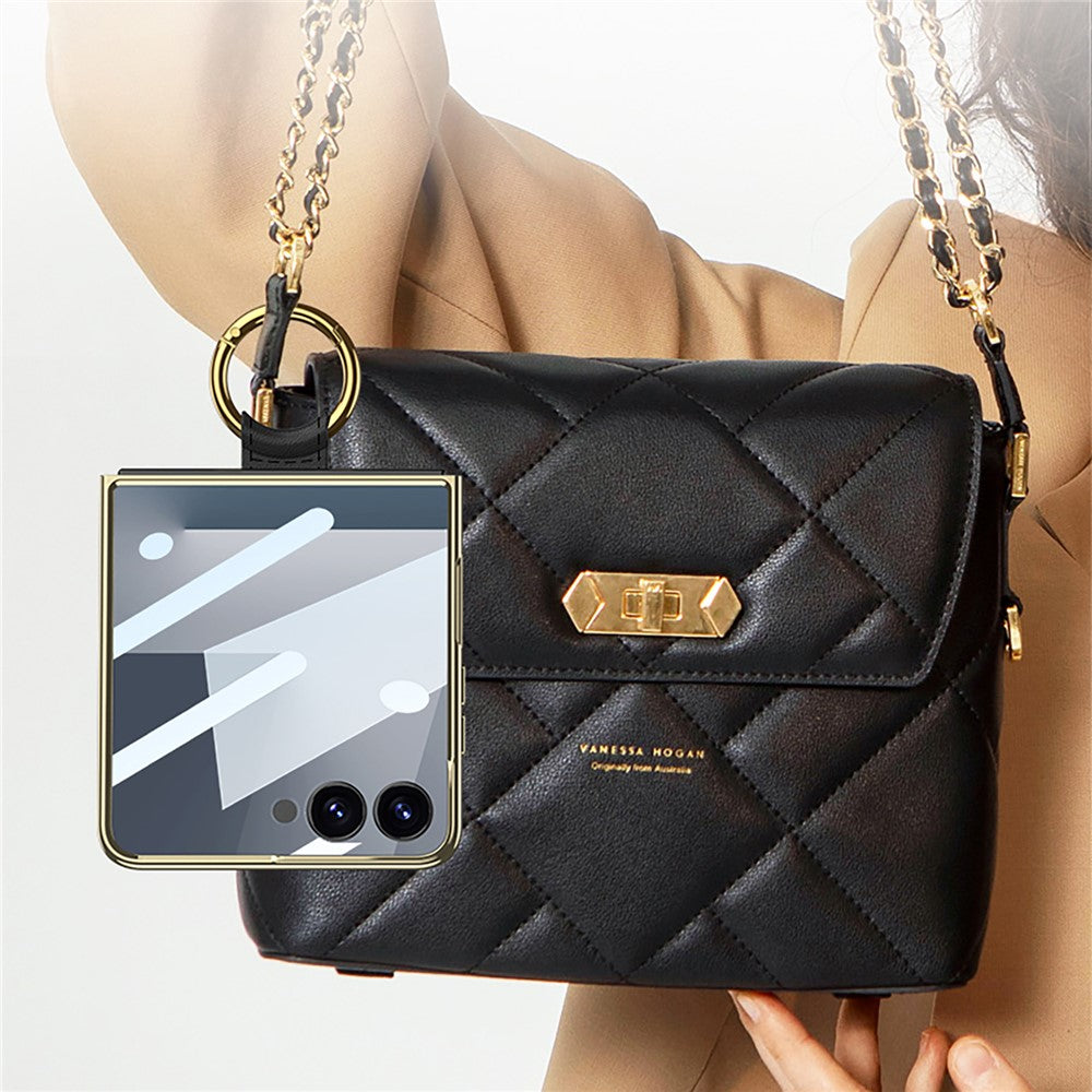 GKK For Samsung Galaxy Z Flip7 5G Case Rhombic Pattern PU Leather Back Cover with Ring Holder / Small Screen Film - Black