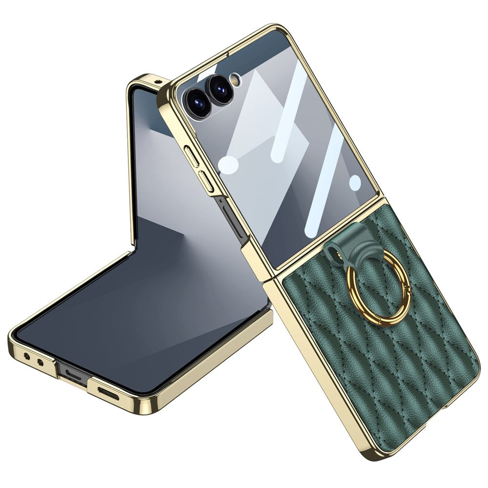 GKK For Samsung Galaxy Z Flip7 5G Case Rhombic Pattern PU Leather Back Cover with Ring Holder / Small Screen Film - Green