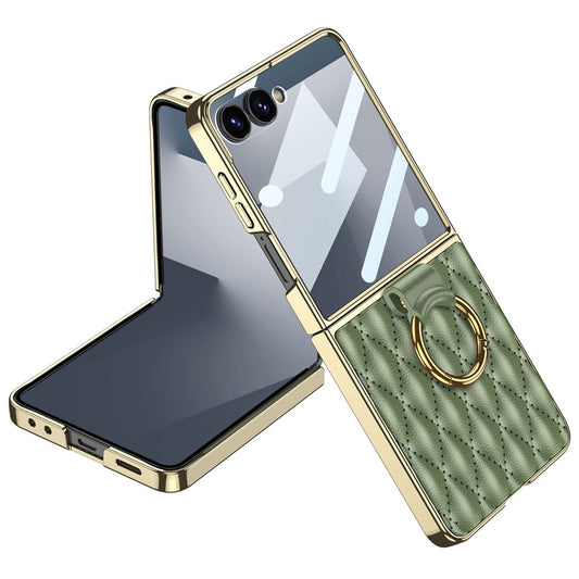 GKK For Samsung Galaxy Z Flip7 5G Case Rhombic Pattern PU Leather Back Cover with Ring Holder / Small Screen Film - Light Green