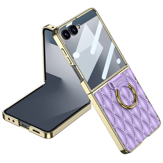 GKK For Samsung Galaxy Z Flip7 5G Case Rhombic Pattern PU Leather Back Cover with Ring Holder / Small Screen Film - Purple