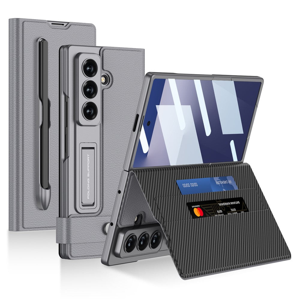GKK For Samsung Galaxy Z Fold7 5G Case Card Slot PC + PU Flip Phone Cover with Screen Film, Stylus - Grey