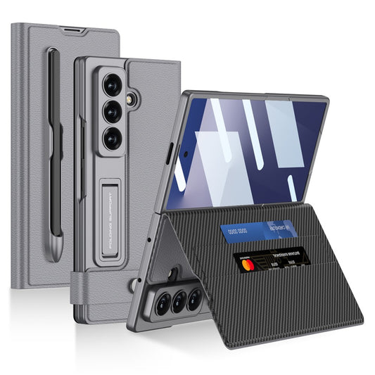 GKK For Samsung Galaxy Z Fold7 5G Case Card Slot PC + PU Flip Phone Cover with Screen Film, Stylus - Grey