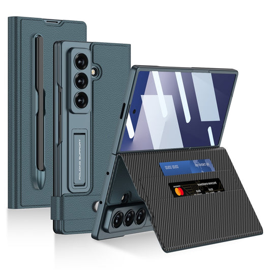 GKK For Samsung Galaxy Z Fold7 5G Case Card Slot PC + PU Flip Phone Cover with Screen Film, Stylus - Green