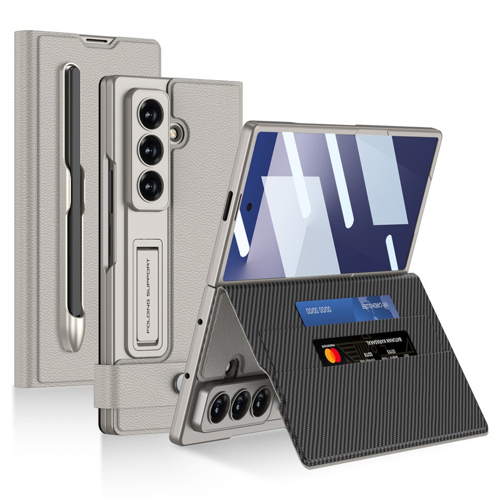 GKK For Samsung Galaxy Z Fold7 5G Case Card Slot PC + PU Flip Phone Cover with Screen Film, Stylus - Titanium Grey