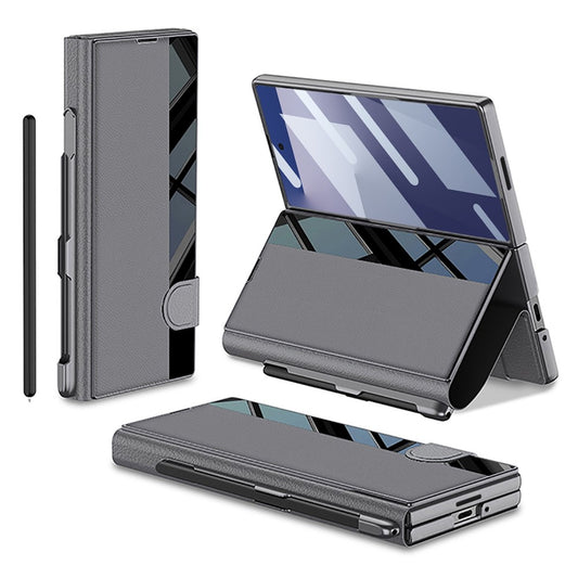 GKK For Samsung Galaxy Z Fold7 5G Stand Case Pen Slot PC + PU Leather Flip Phone Cover with Screen Film - Grey