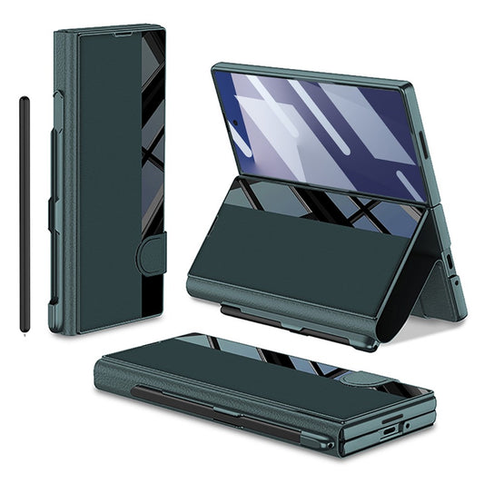 GKK For Samsung Galaxy Z Fold7 5G Stand Case Pen Slot PC + PU Leather Flip Phone Cover with Screen Film - Green
