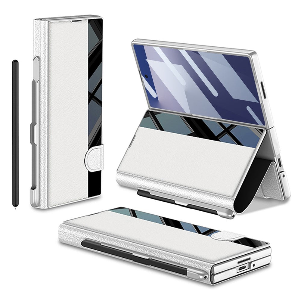 GKK For Samsung Galaxy Z Fold7 5G Stand Case Pen Slot PC + PU Leather Flip Phone Cover with Screen Film - Silver