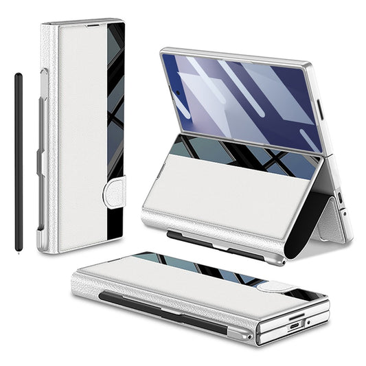 GKK For Samsung Galaxy Z Fold7 5G Stand Case Pen Slot PC + PU Leather Flip Phone Cover with Screen Film - Silver