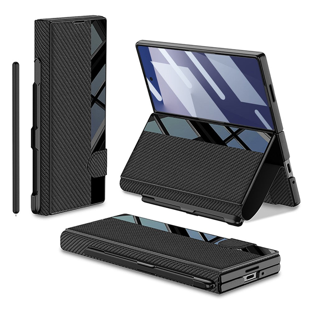 GKK For Samsung Galaxy Z Fold7 5G Stand Case Pen Slot PC + PU Leather Flip Phone Cover with Screen Film - Carbon Fiber Texture