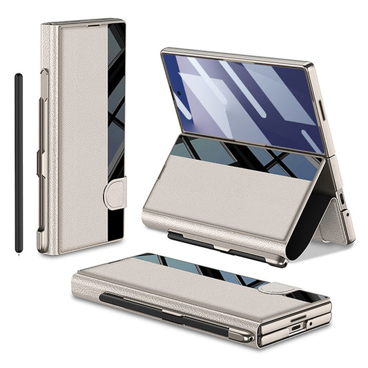 GKK For Samsung Galaxy Z Fold7 5G Stand Case Pen Slot PC + PU Leather Flip Phone Cover with Screen Film - Titanium Grey