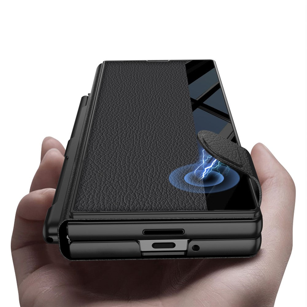 GKK For Samsung Galaxy Z Fold7 5G Stand Case Pen Slot PC + PU Leather Flip Phone Cover with Screen Film - Titanium Grey
