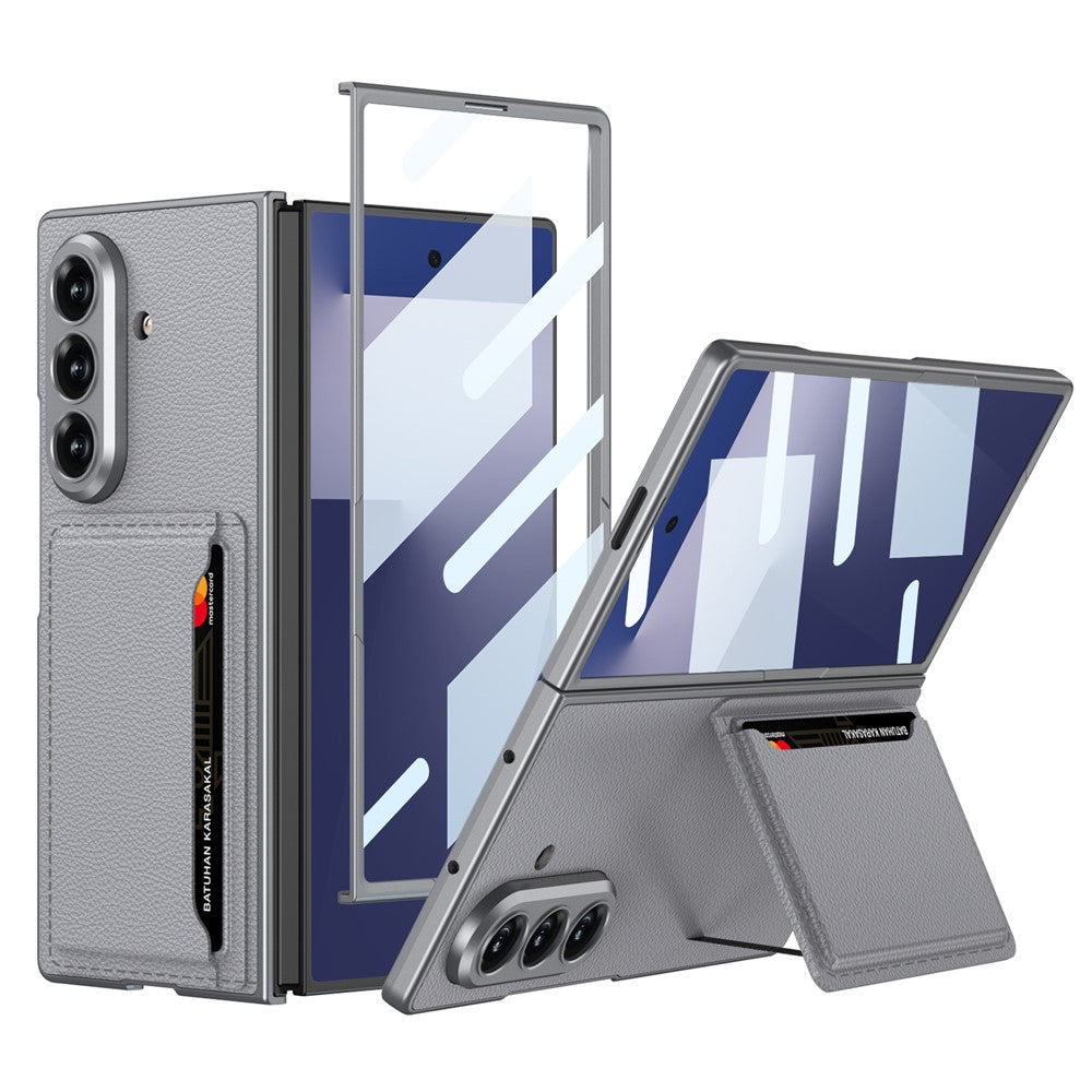 GKK For Samsung Galaxy Z Fold7 5G Phone Case Card Holder Kickstand PU Leather Back Cover with Screen Film - Grey