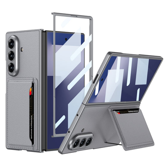 GKK For Samsung Galaxy Z Fold7 5G Phone Case Card Holder Kickstand PU Leather Back Cover with Screen Film - Grey