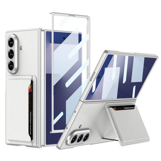 GKK For Samsung Galaxy Z Fold7 5G Phone Case Card Holder Kickstand PU Leather Back Cover with Screen Film - Silver