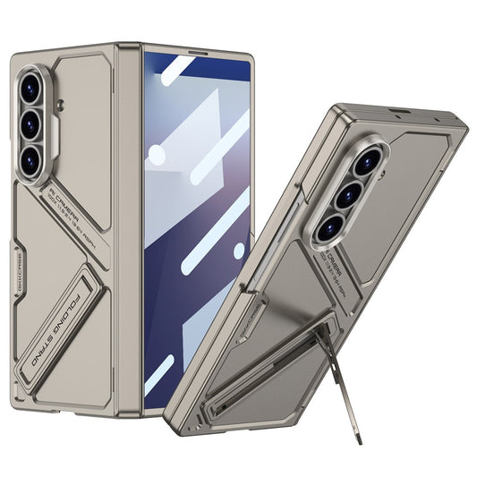 GKK For Samsung Galaxy Z Fold7 5G Kickstand Case Hinge Protection PC + Tempered Glass Phone Cover - Titanium Grey