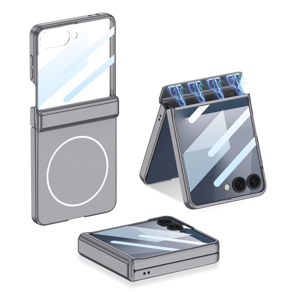 GKK For Samsung Galaxy Z Flip7 5G Magnetic Case Hinge Protection PC + Tempered Glass Slim Phone Cover - Grey