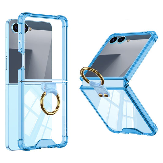 GKK For Samsung Galaxy Z Flip7 5G Case with Ring Kickstand Airbag Drop Proof TPU + Tempered Glass Phone Cover - Transparent Blue