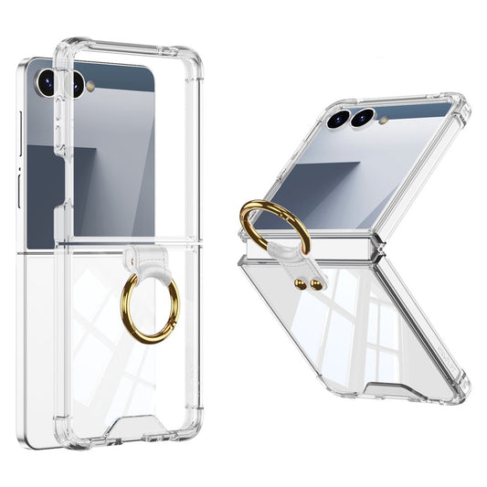 GKK For Samsung Galaxy Z Flip7 5G Case with Ring Kickstand Airbag Drop Proof TPU + Tempered Glass Phone Cover - Transparent