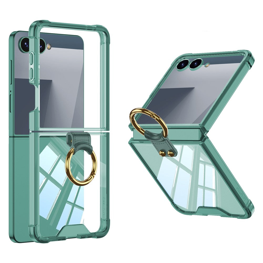 GKK For Samsung Galaxy Z Flip7 5G Case with Ring Kickstand Airbag Drop Proof TPU + Tempered Glass Phone Cover - Transparent Green