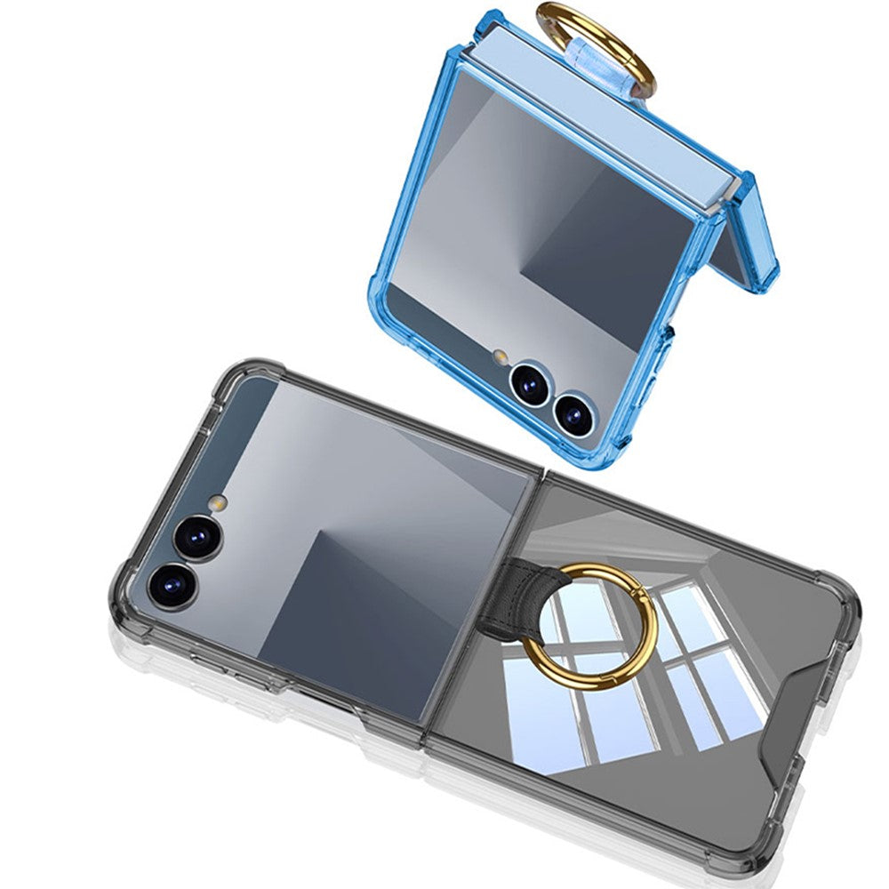 GKK For Samsung Galaxy Z Flip7 5G Case with Ring Kickstand Airbag Drop Proof TPU + Tempered Glass Phone Cover - Transparent Green