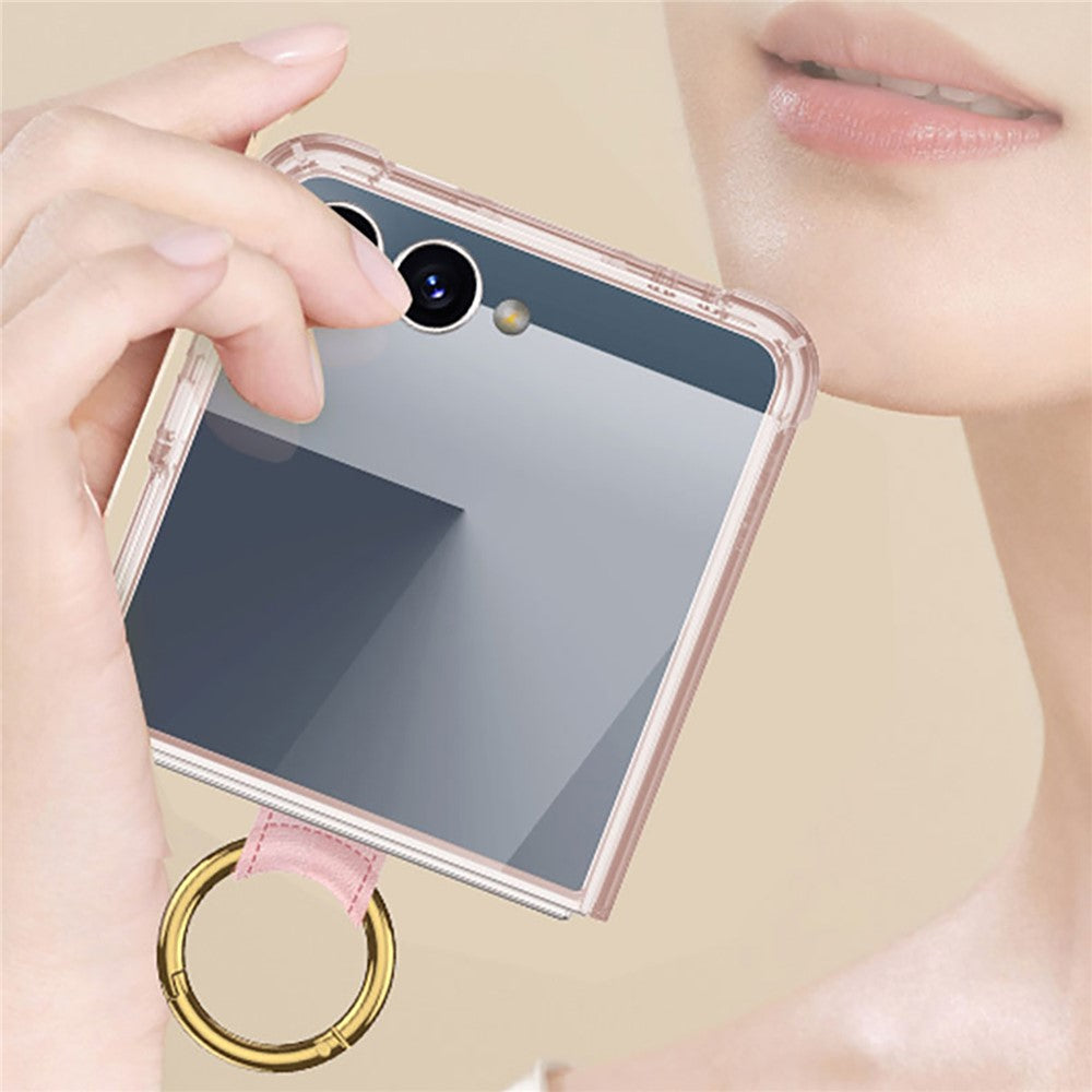 GKK For Samsung Galaxy Z Flip7 5G Case with Ring Kickstand Airbag Drop Proof TPU + Tempered Glass Phone Cover - Transparent Pink