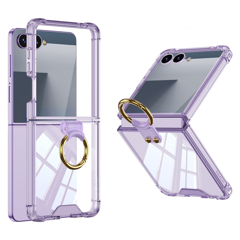 GKK For Samsung Galaxy Z Flip7 5G Case with Ring Kickstand Airbag Drop Proof TPU + Tempered Glass Phone Cover - Transparent Purple