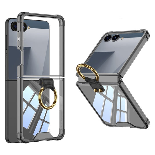 GKK For Samsung Galaxy Z Flip7 5G Case with Ring Kickstand Airbag Drop Proof TPU + Tempered Glass Phone Cover - Transparent Black