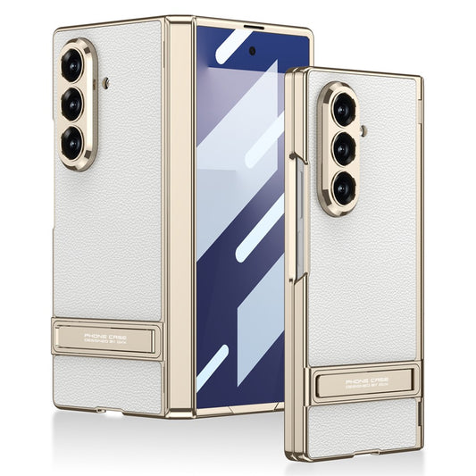 GKK For Samsung Galaxy Z Fold7 5G Kickstand Case Magnetic Hinge Protection PU + PC + Tempered Glass Phone Cover - White