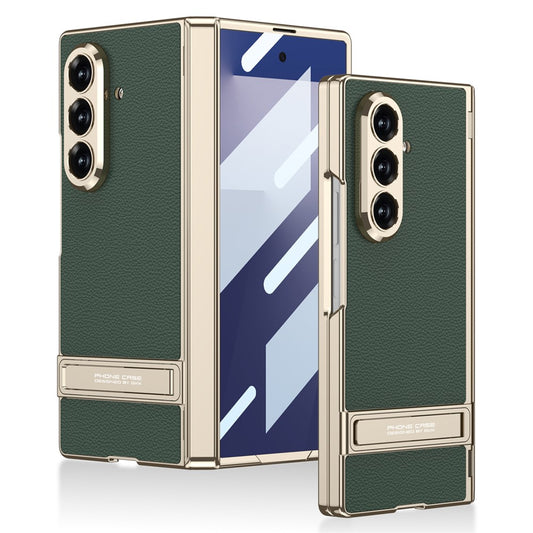 GKK For Samsung Galaxy Z Fold7 5G Kickstand Case Magnetic Hinge Protection PU + PC + Tempered Glass Phone Cover - Midnight Green