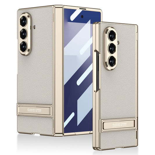 GKK For Samsung Galaxy Z Fold7 5G Kickstand Case Magnetic Hinge Protection PU + PC + Tempered Glass Phone Cover - Titanium Grey