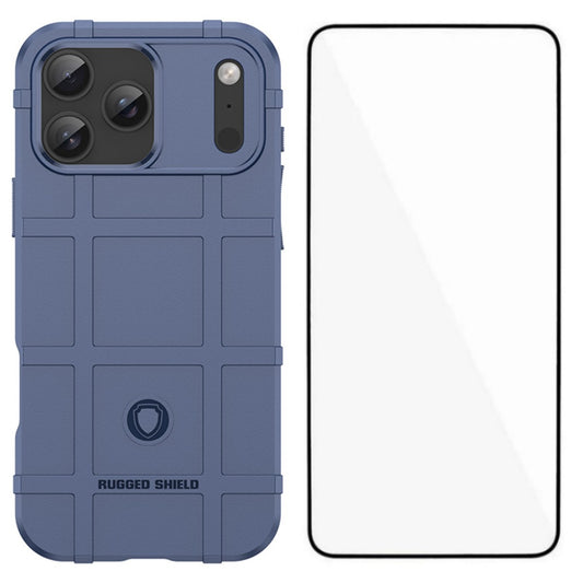 For iPhone 17 Pro Max Case with Screen Film WANLONFENG HD Series Grid Design Anti-Slip TPU Phone Cover - Blue