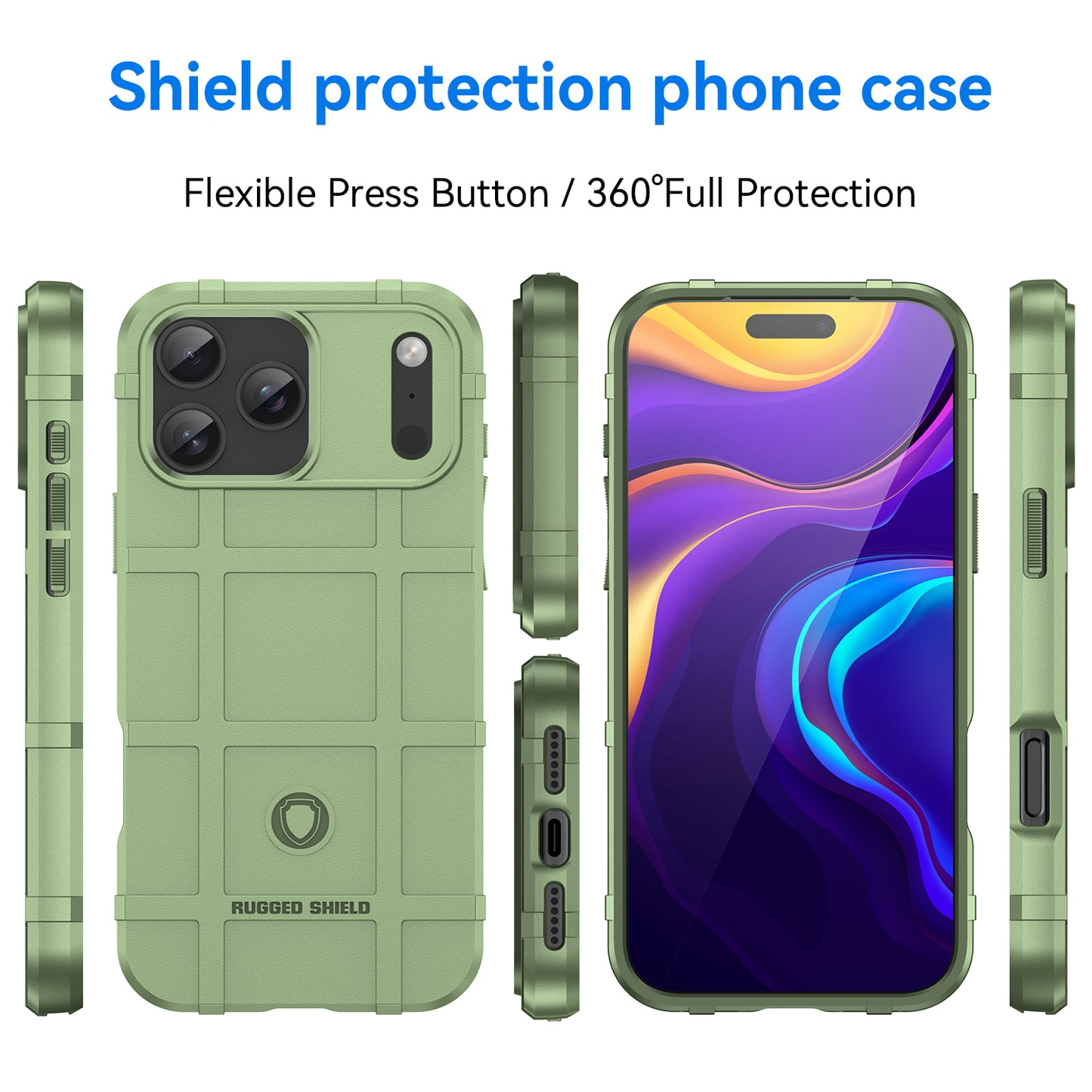For iPhone 17 Pro Max Case with Screen Film WANLONFENG HD Series Grid Design Anti-Slip TPU Phone Cover - Green