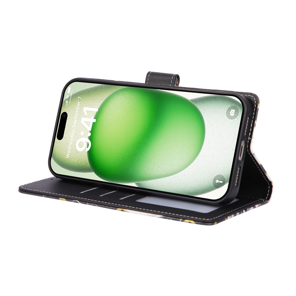 For iPhone 17 Pro Max Case Lacquered Marble Pattern Leather Phone Cover with Wrist Strap - Black