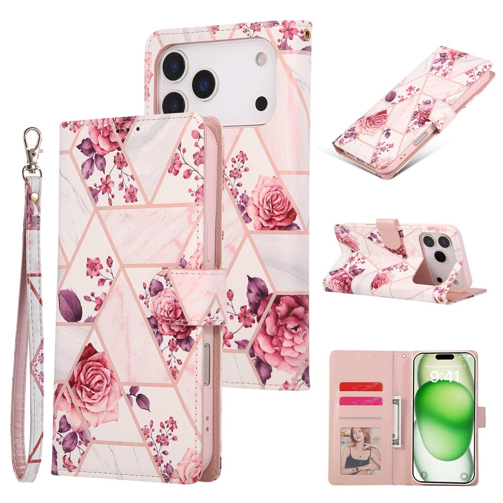 For iPhone 17 Pro Max Case Lacquered Marble Pattern Leather Phone Cover with Wrist Strap - Rose Gold