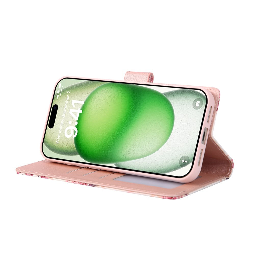 For iPhone 17 Pro Max Case Lacquered Marble Pattern Leather Phone Cover with Wrist Strap - Rose Gold