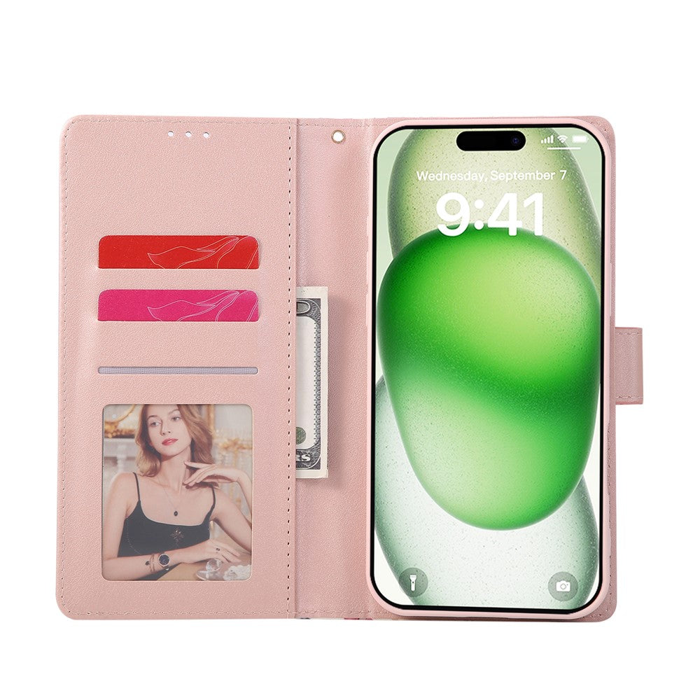 For iPhone 17 Pro Max Case Lacquered Marble Pattern Leather Phone Cover with Wrist Strap - Rose Gold