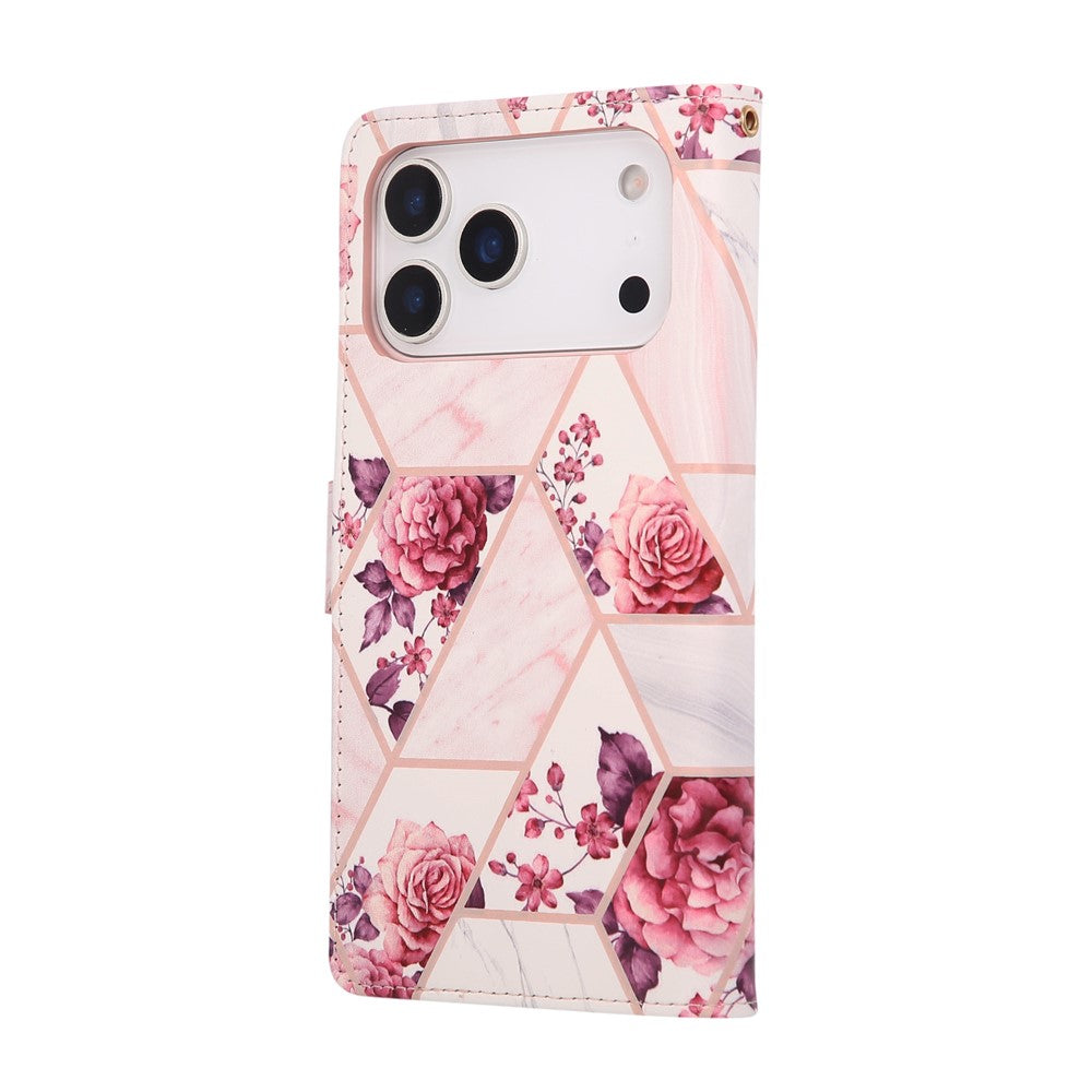 For iPhone 17 Pro Max Case Lacquered Marble Pattern Leather Phone Cover with Wrist Strap - Rose Gold