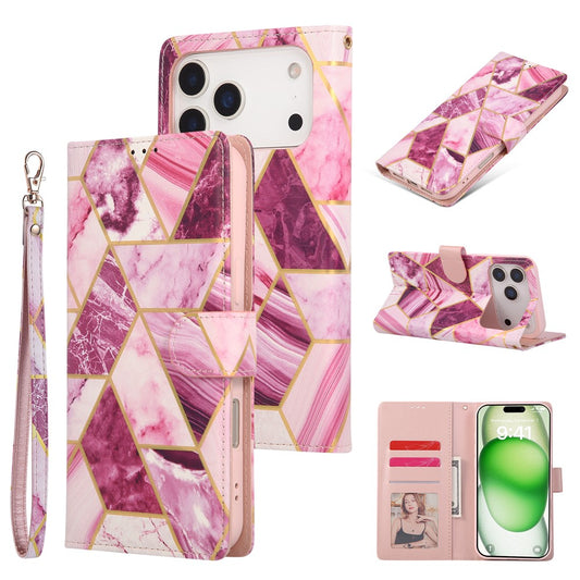 For iPhone 17 Pro Max Case Lacquered Marble Pattern Leather Phone Cover with Wrist Strap - Purple