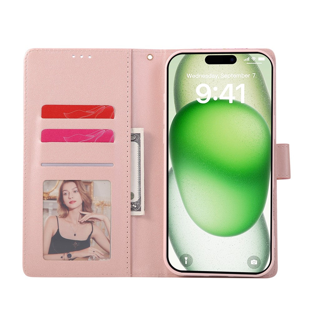 For iPhone 17 Pro Max Case Lacquered Marble Pattern Leather Phone Cover with Wrist Strap - Purple