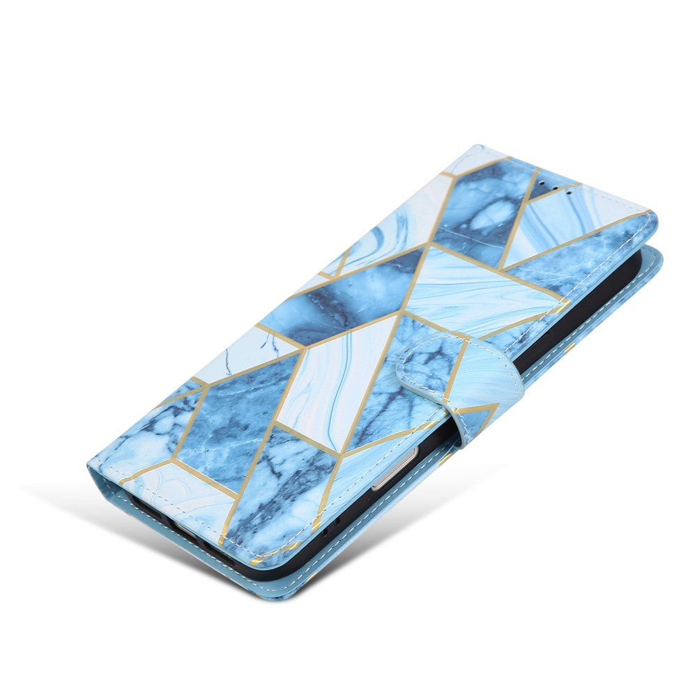 For iPhone 17 Pro Max Case Lacquered Marble Pattern Leather Phone Cover with Wrist Strap - Blue