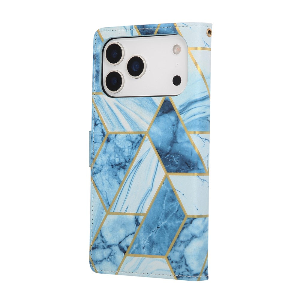 For iPhone 17 Pro Max Case Lacquered Marble Pattern Leather Phone Cover with Wrist Strap - Blue